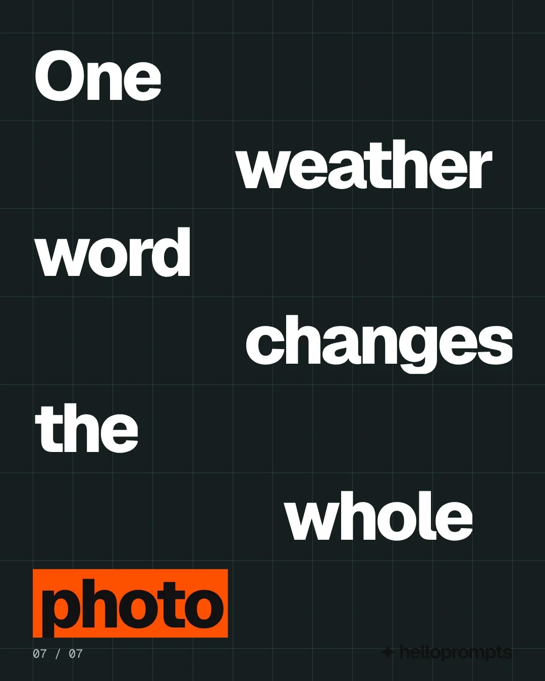 Video for HelloPrompts: "One weather word changes the whole photo". Kinetic type grid, 6.0 s, dark palette.