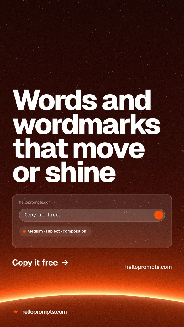 Instagram story for HelloPrompts: "Words and wordmarks that move or shine". Turn card style, poster layout, dark palette in red, black, orange.
