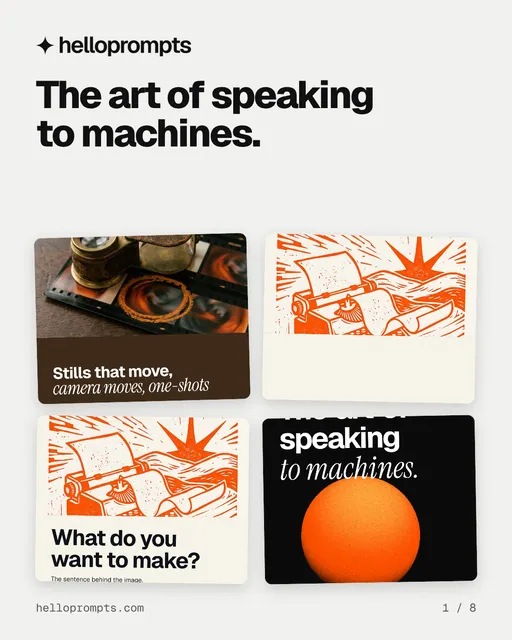 Carousel for HelloPrompts: "The art of speaking to machines.". Collection carousel, 8 slides, light palette.