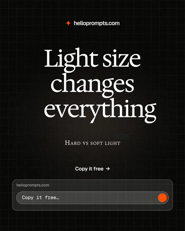 Instagram portrait post for HelloPrompts: "Light size changes everything". Phosphor atlas style, smallcaps layout, dark palette in black, grey.