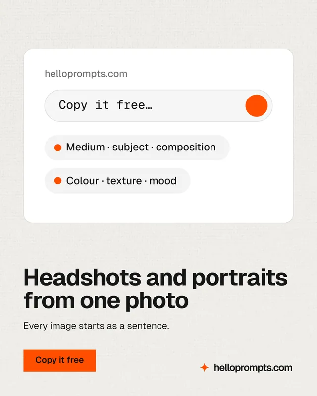 Instagram portrait post for HelloPrompts: "Headshots and portraits from one photo". Swiss style, bottom layout, light palette in white, grey.