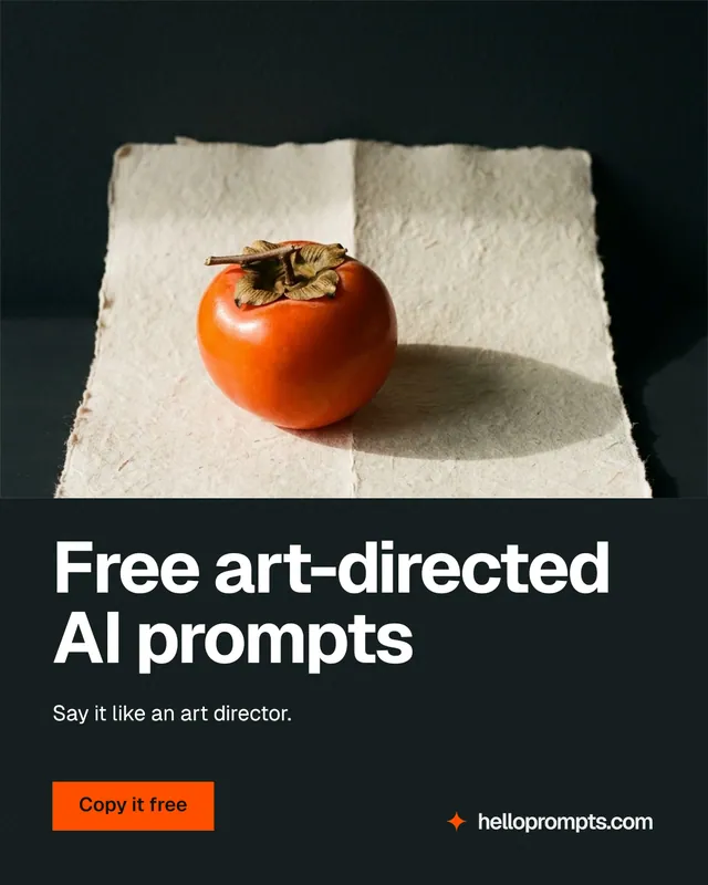 Instagram portrait post for HelloPrompts: "Free art-directed AI prompts". Swiss style, bottom layout, dark palette in black, orange.