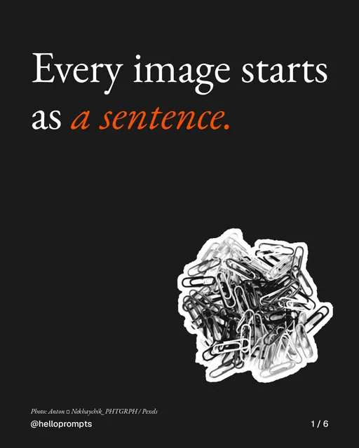 Carousel for HelloPrompts: "Every image starts as a sentence.". Cutout essay, 6 slides, dark palette.