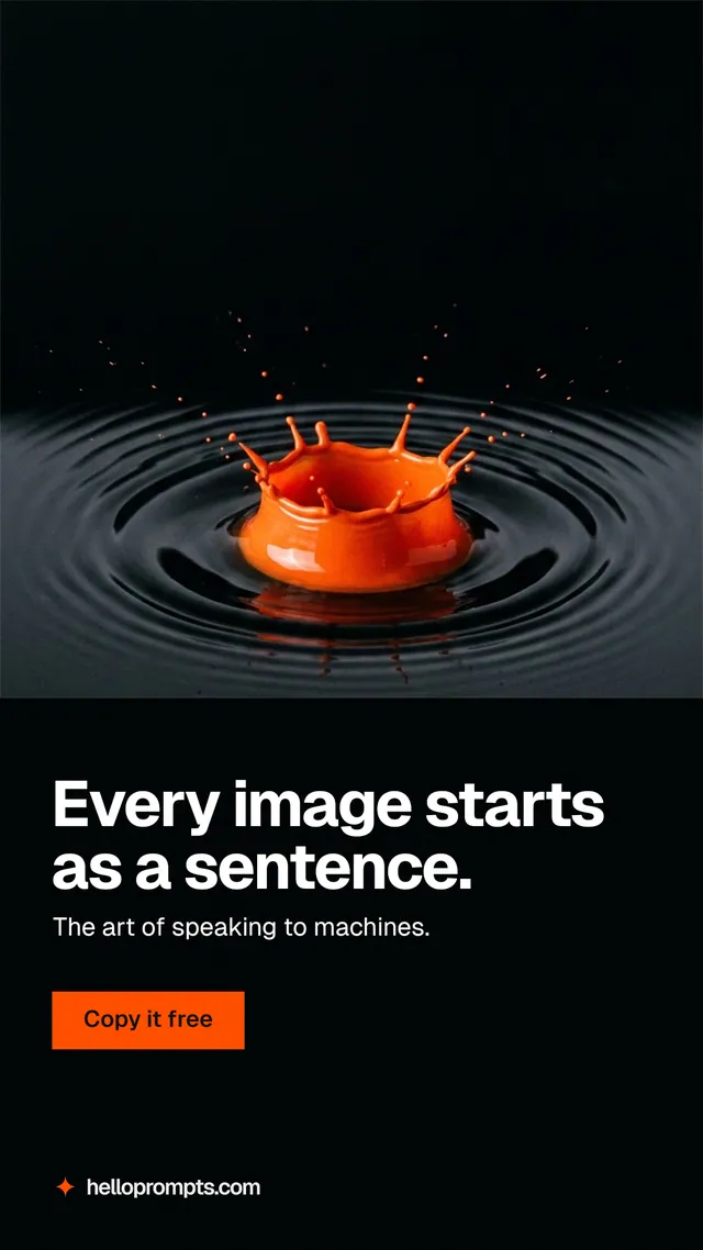 Instagram story for HelloPrompts: "Every image starts as a sentence." Swiss style, bottom layout, dark palette in black, grey.