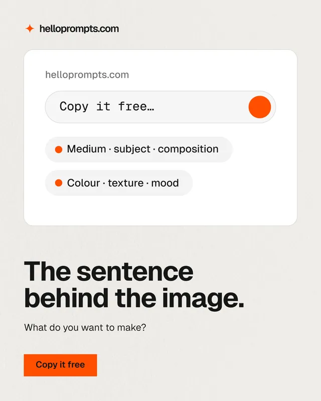 Instagram portrait post for HelloPrompts: "The sentence behind the image." Swiss style, bottom layout, light palette in white, grey.
