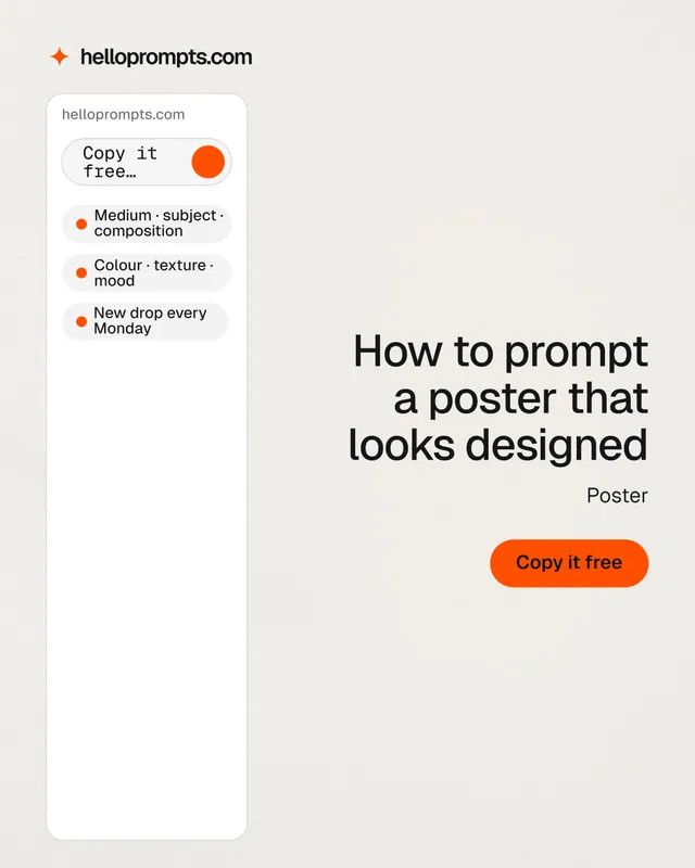 Instagram portrait post for HelloPrompts: "How to prompt a poster that looks designed". Data card style, right layout, light palette in white, orange.