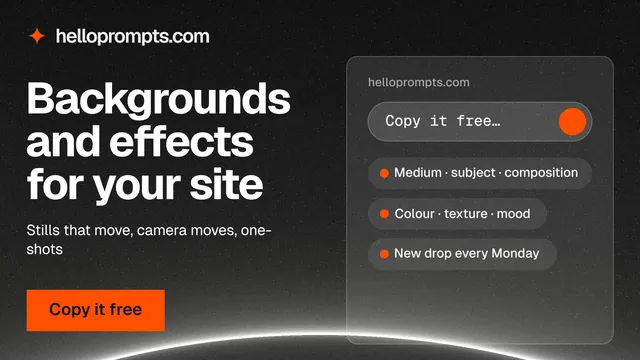 Landscape graphic for HelloPrompts: "Backgrounds and effects for your site". Swiss style, bottom layout, dark palette in black, grey.