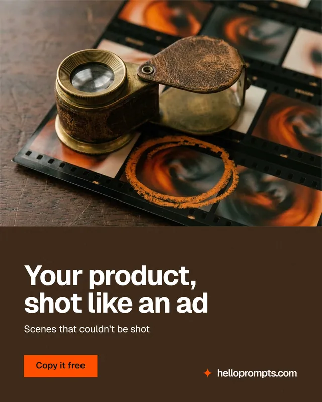 Instagram portrait post for HelloPrompts: "Your product, shot like an ad". Swiss style, bottom layout, dark palette in orange, black, grey.