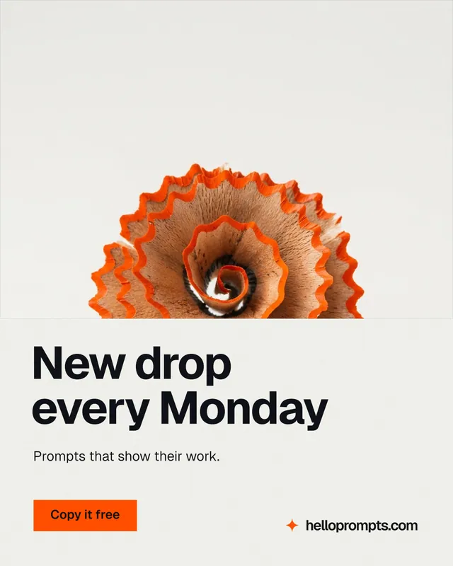 Instagram portrait post for HelloPrompts: "New drop every Monday". Swiss style, bottom layout, light palette in white, brown.