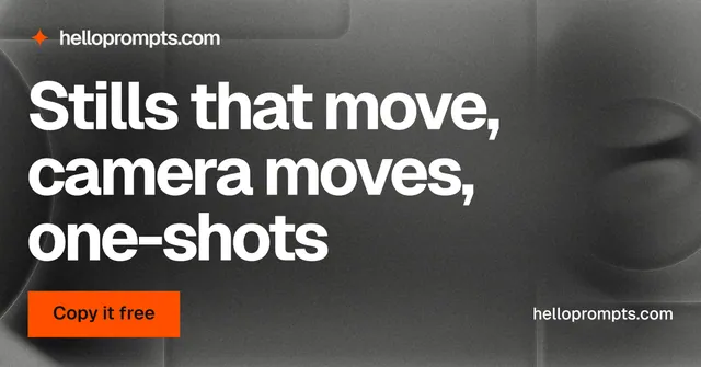 Social ad for HelloPrompts: "Stills that move, camera moves, one-shots". Swiss style, poster layout, dark palette in grey, black.