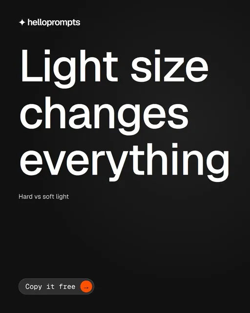 Video for HelloPrompts: "Light size changes everything". Doc motion loop, 7.0 s, dark palette.