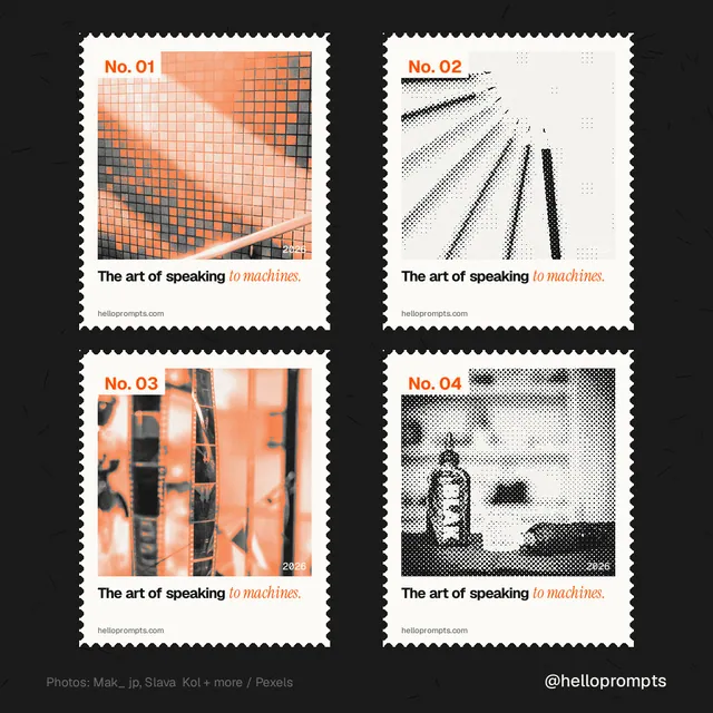 Instagram post for HelloPrompts: "The art of speaking to machines." Sheet style, technique:stamp series layout, light palette in black, white, orange.