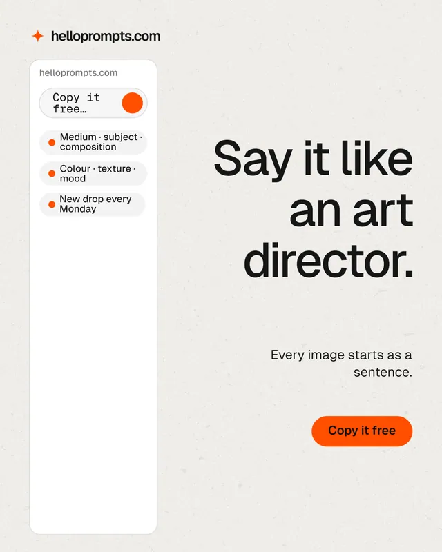 Instagram portrait post for HelloPrompts: "Say it like an art director." Data card style, right layout, light palette in white, grey.