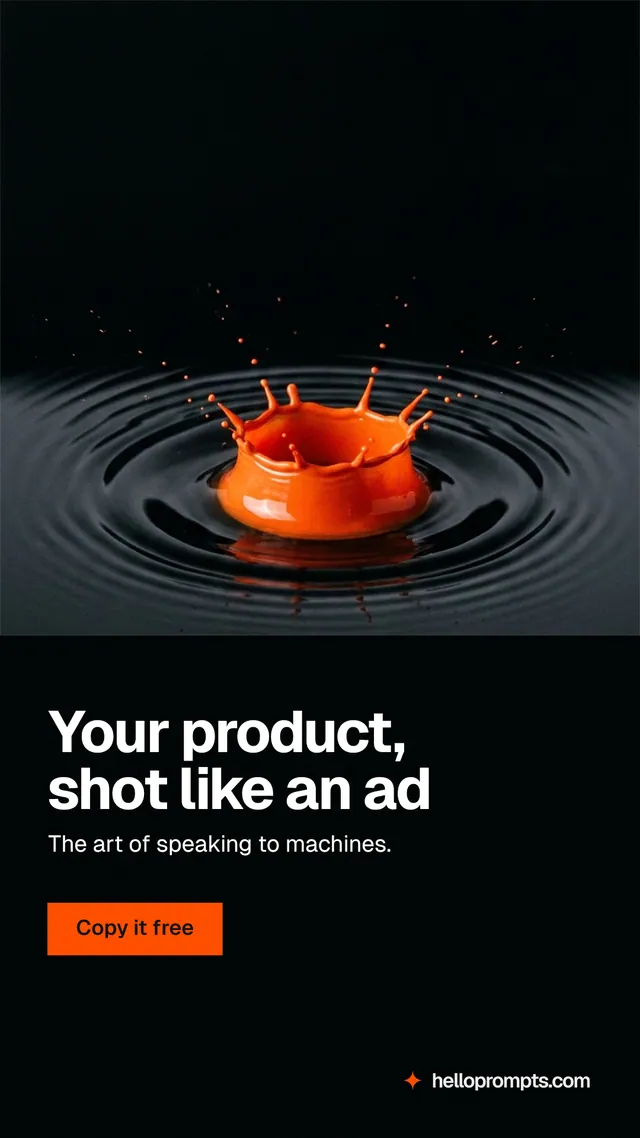 Instagram story for HelloPrompts: "Your product, shot like an ad". Swiss style, bottom layout, dark palette in black, grey.