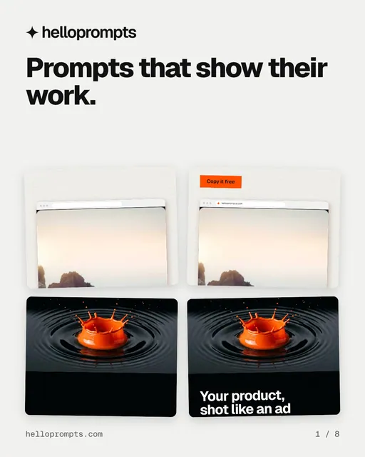 Carousel for HelloPrompts: "Prompts that show their work.". Collection carousel, 8 slides, light palette.