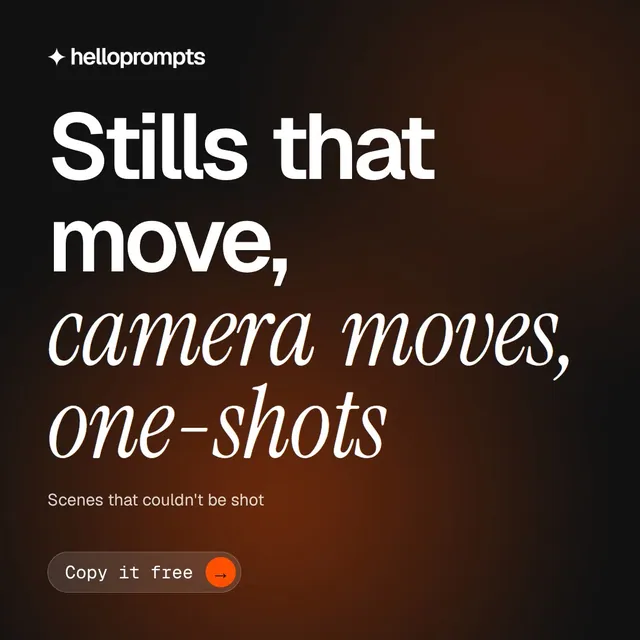 Video for HelloPrompts: "Stills that move, camera moves, one-shots". Doc motion loop, 6.0 s, dark palette.