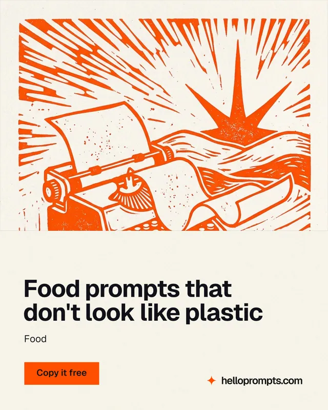 Instagram portrait post for HelloPrompts: "Food prompts that don't look like plastic". Swiss style, bottom layout, light palette in white, orange.