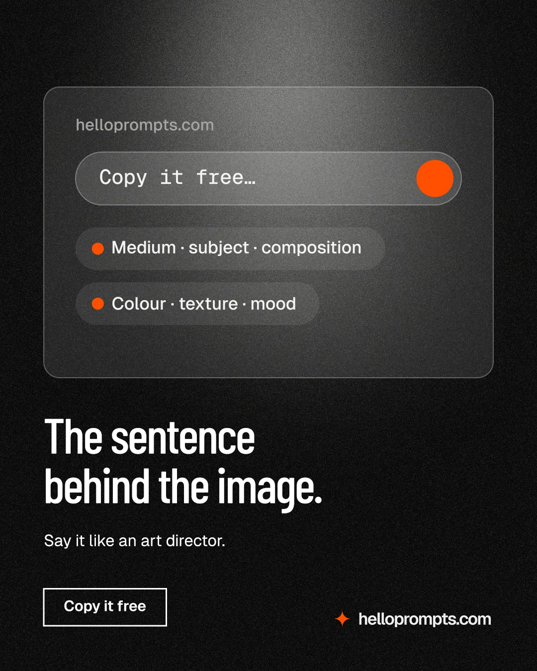 Instagram portrait post for HelloPrompts: "The sentence behind the image." Dark deco style, bottom layout, dark palette in black, grey.