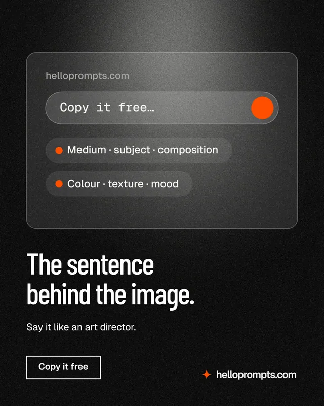 Instagram portrait post for HelloPrompts: "The sentence behind the image." Dark deco style, bottom layout, dark palette in black, grey.