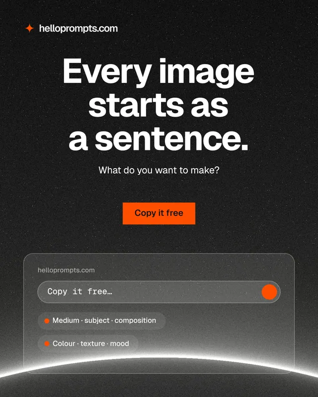 Instagram portrait post for HelloPrompts: "Every image starts as a sentence." Swiss style, centred layout, dark palette in black, grey.