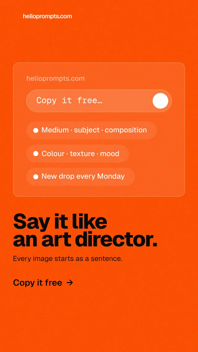 Instagram story for HelloPrompts: "Say it like an art director." Turn card style, bottom layout, light palette in orange.