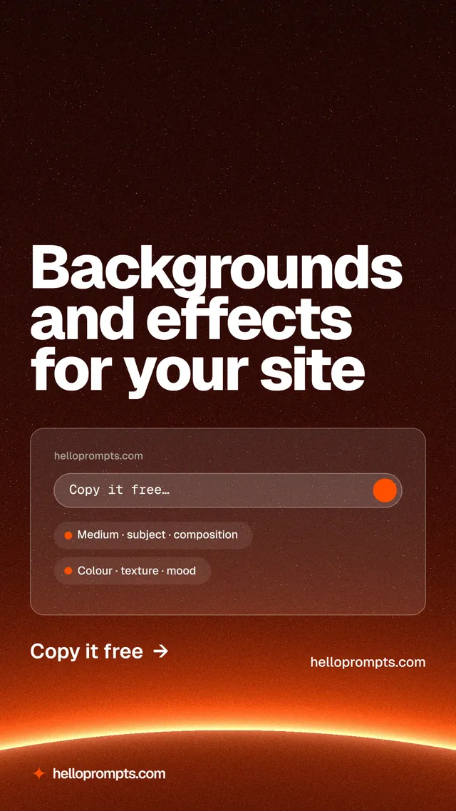 Instagram story for HelloPrompts: "Backgrounds and effects for your site". Turn card style, poster layout, dark palette in red, black, orange.