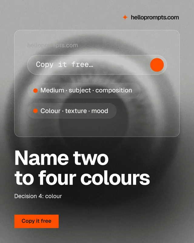 Instagram portrait post for HelloPrompts: "Name two to four colours". Swiss style, bottom layout, dark palette in grey, black.