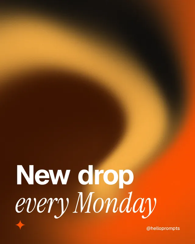Instagram portrait post for HelloPrompts: "New drop every Monday". Auto 4x5 style, technique:shader field layout, dark palette in black, orange, brown.
