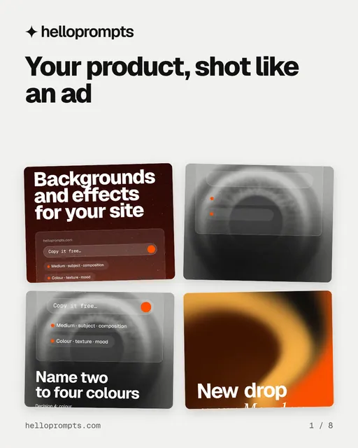 Carousel for HelloPrompts: "Your product, shot like an ad". Collection carousel, 8 slides, light palette.