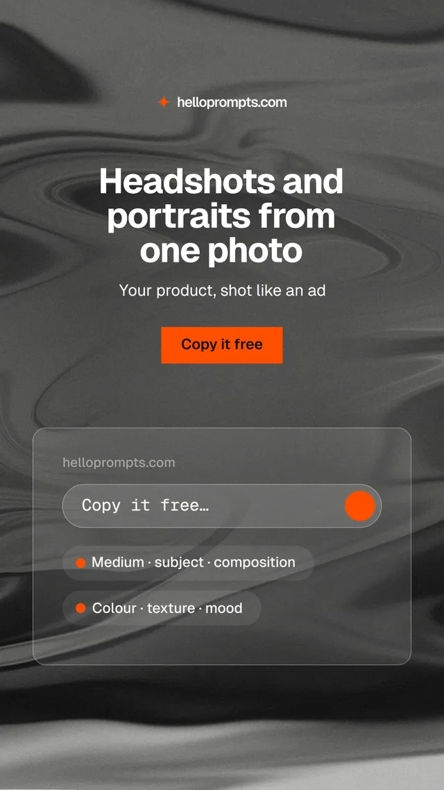 Instagram story for HelloPrompts: "Headshots and portraits from one photo". Swiss style, centred layout, dark palette in grey, black.