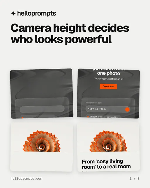 Carousel for HelloPrompts: "Camera height decides who looks powerful". Collection carousel, 8 slides, light palette.