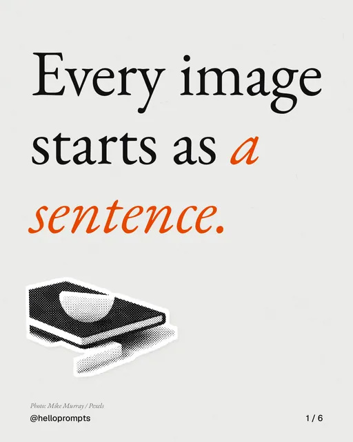 Carousel for HelloPrompts: "Every image starts as a sentence.". Cutout essay, 6 slides, light palette.