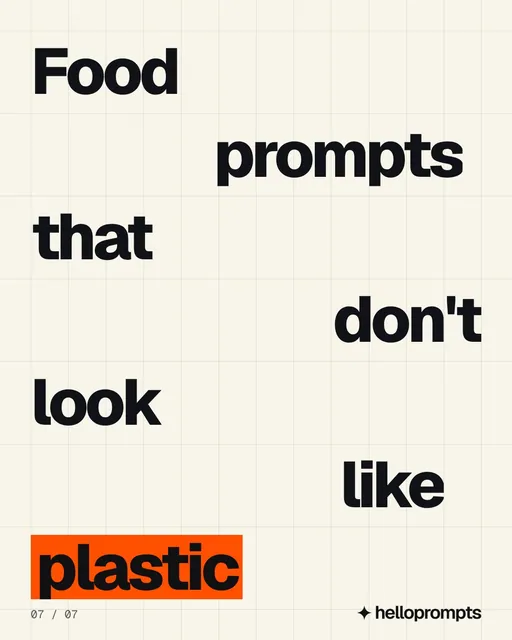 Video for HelloPrompts: "Food prompts that don't look like plastic". Kinetic type grid, 6.0 s, light palette.