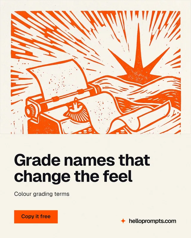 Instagram portrait post for HelloPrompts: "Grade names that change the feel". Swiss style, bottom layout, light palette in white, orange.