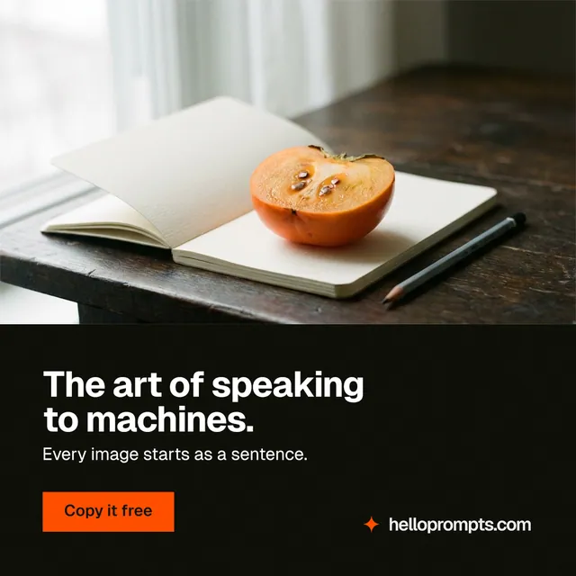 Instagram post for HelloPrompts: "The art of speaking to machines." Swiss style, bottom layout, dark palette in white, black, orange.