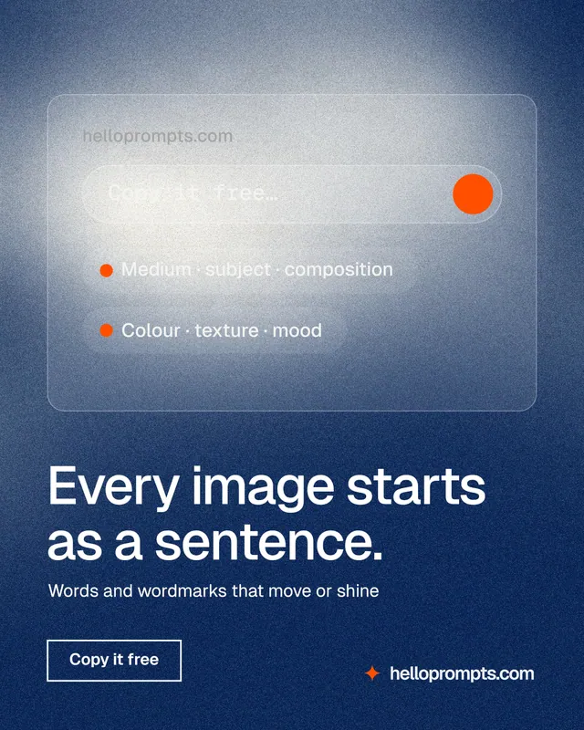 Instagram portrait post for HelloPrompts: "Every image starts as a sentence." Cyanotype style, bottom layout, dark palette in blue, grey, white.