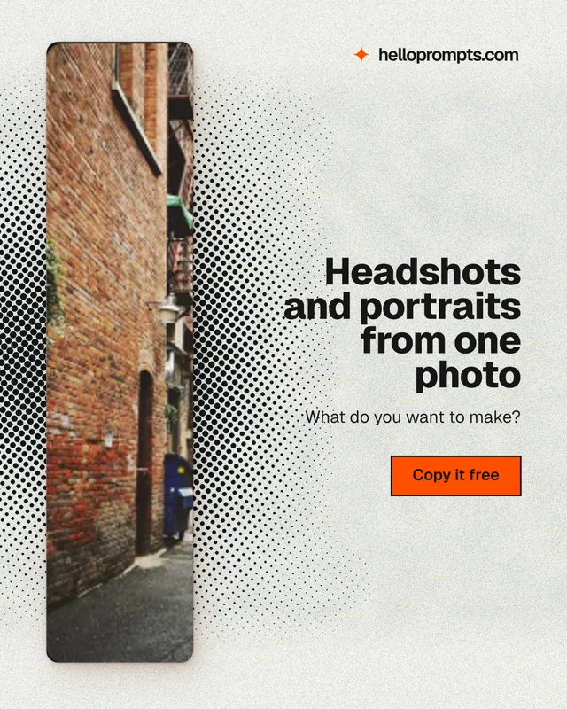 Instagram portrait post for HelloPrompts: "Headshots and portraits from one photo". Ink sticker style, right layout, light palette in orange, white, grey.