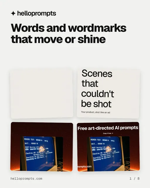 Carousel for HelloPrompts: "Words and wordmarks that move or shine". Collection carousel, 8 slides, light palette.