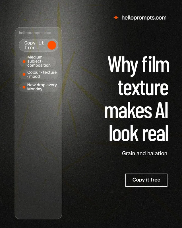 Instagram portrait post for HelloPrompts: "Why film texture makes AI look real". Dark deco style, right layout, dark palette in black, grey.
