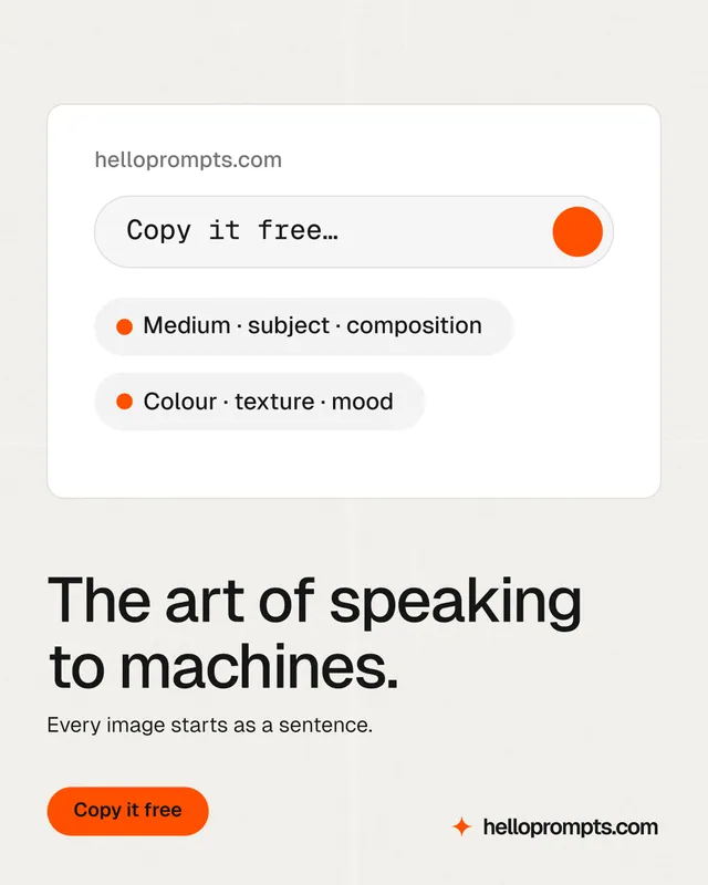Instagram portrait post for HelloPrompts: "The art of speaking to machines." Data card style, bottom layout, light palette in white.