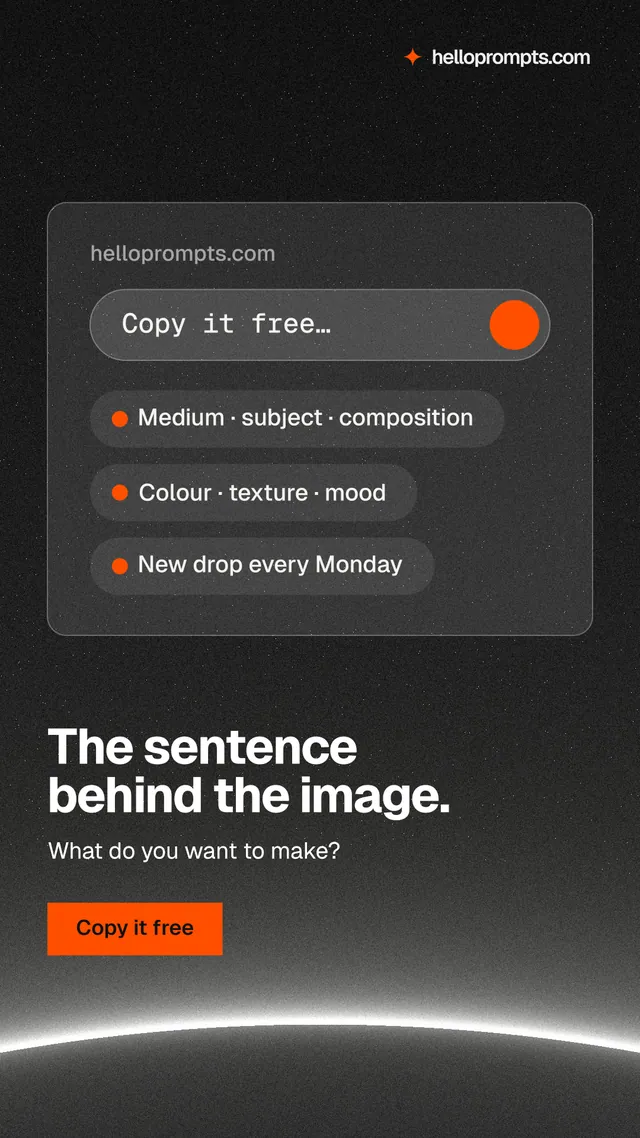 Instagram story for HelloPrompts: "The sentence behind the image." Swiss style, bottom layout, dark palette in black, grey.