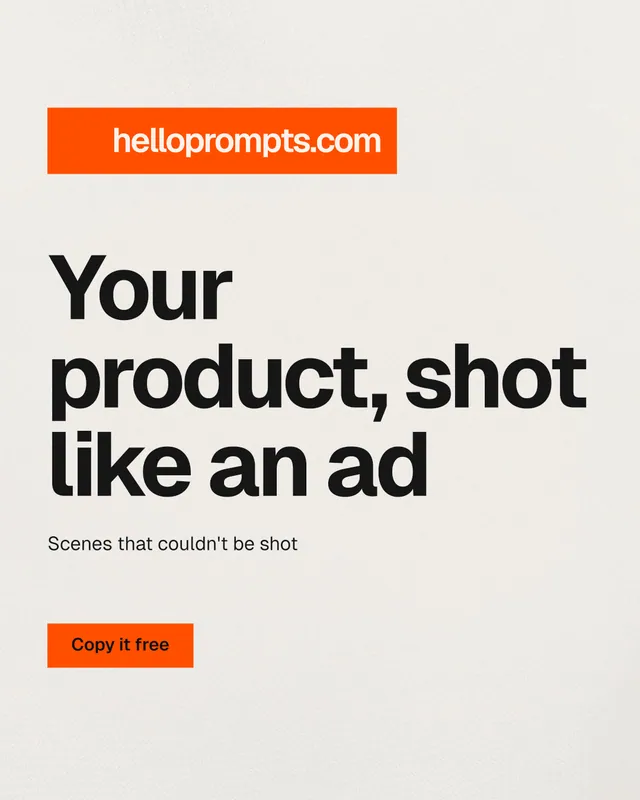 Instagram portrait post for HelloPrompts: "Your product, shot like an ad". Swiss style, announce layout, light palette in yellow, white, brown.
