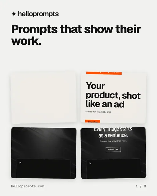 Carousel for HelloPrompts: "Prompts that show their work.". Collection carousel, 8 slides, light palette.