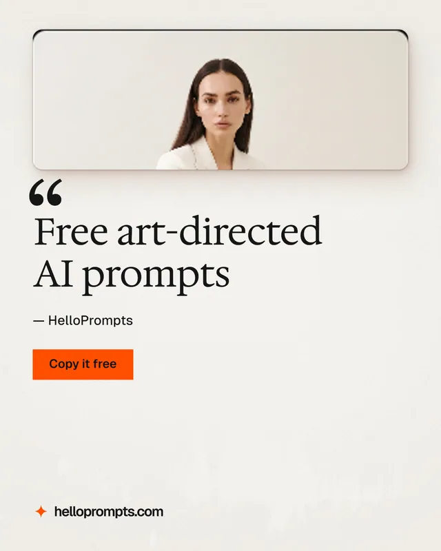 Instagram portrait post for HelloPrompts: "Free art-directed AI prompts". Swiss style, quote layout, light palette in orange, white.
