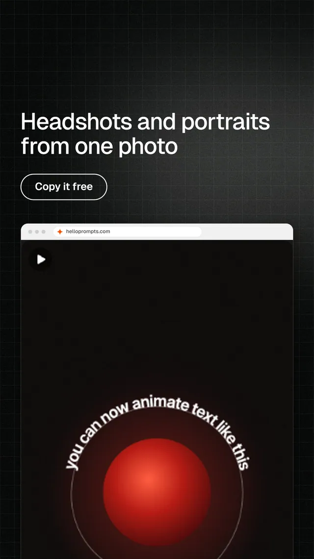 Instagram story for HelloPrompts: "Headshots and portraits from one photo". Phosphor atlas style, browser layout, dark palette in black, red, grey.