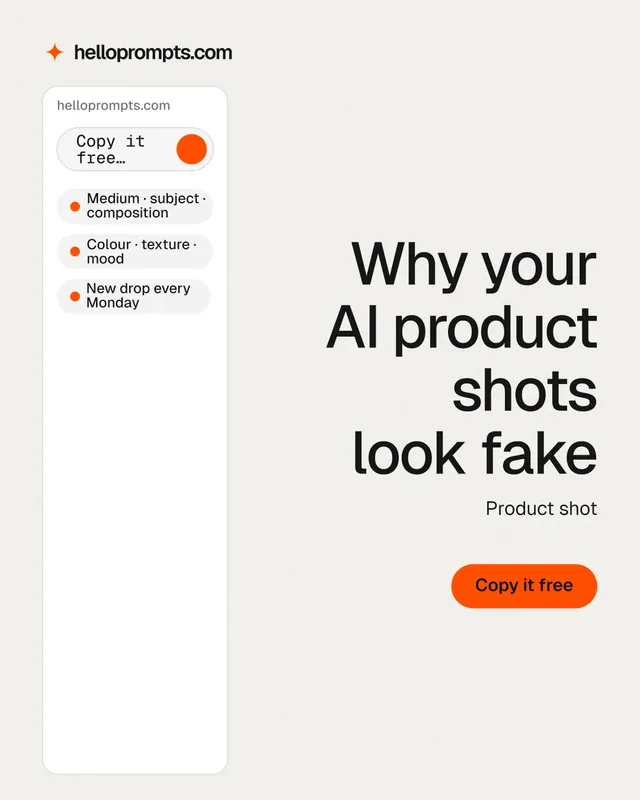 Instagram portrait post for HelloPrompts: "Why your AI product shots look fake". Data card style, right layout, light palette in white, grey.