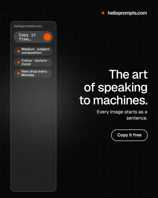 Instagram portrait post for HelloPrompts: "The art of speaking to machines." Phosphor atlas style, right layout, dark palette in black, grey.
