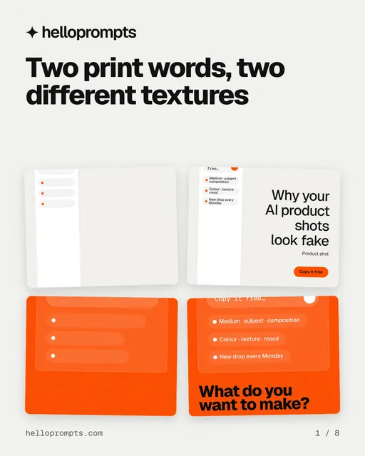 Carousel for HelloPrompts: "Two print words, two different textures". Collection carousel, 8 slides, light palette.