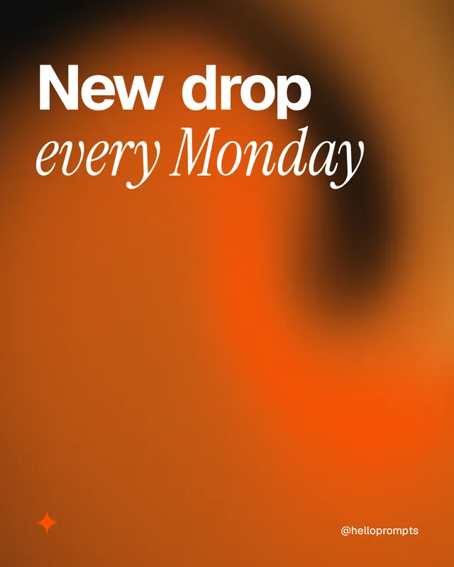 Instagram portrait post for HelloPrompts: "New drop every Monday". Auto 4x5 style, technique:shader field layout, dark palette in orange, brown.