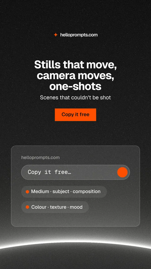Instagram story for HelloPrompts: "Stills that move, camera moves, one-shots". Swiss style, centred layout, dark palette in black, grey.